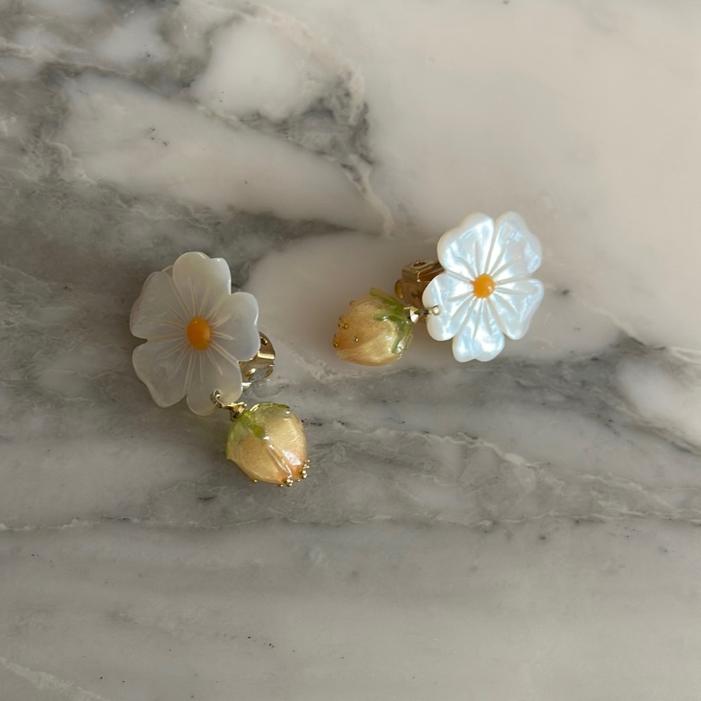 Nicola Bathie Mother of Pearl Daisy Drop Earring, Clip Ons